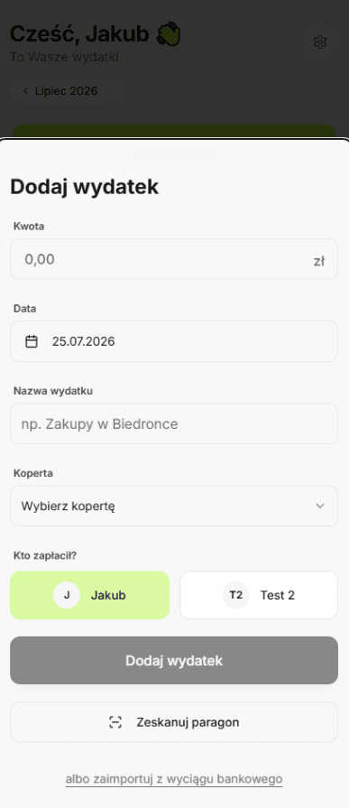 Dodawanie wydatku: kwota, koperta, kto zapłacił, skan paragonu