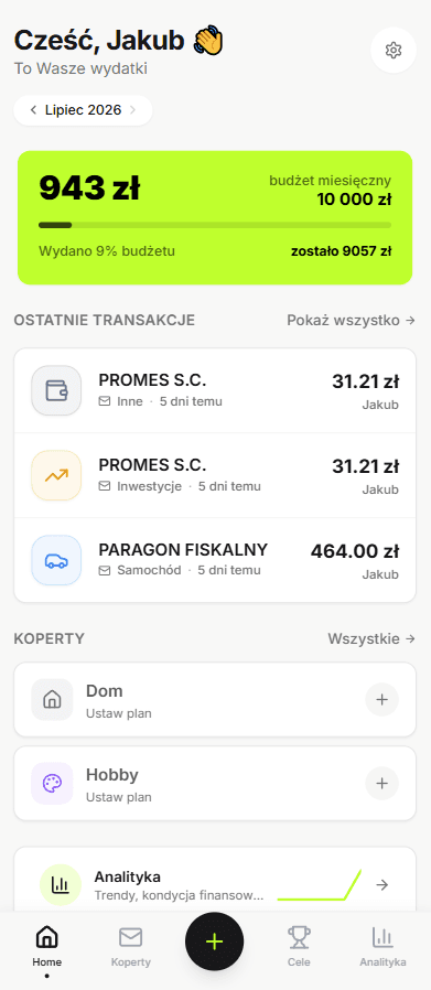 Ekran główny: budżet miesiąca, transakcje i koperty
