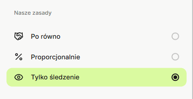 Fragment ustawień OurMoney: Nasze zasady, po równo, proporcjonalnie, tylko śledzenie